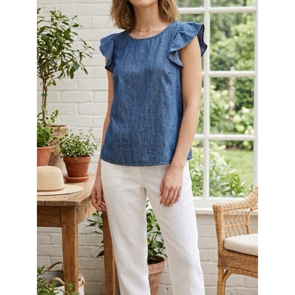 J Crew • Chambray Ruffle Sleeve Cotton Top Sz 8 Preppy Casual Summer
